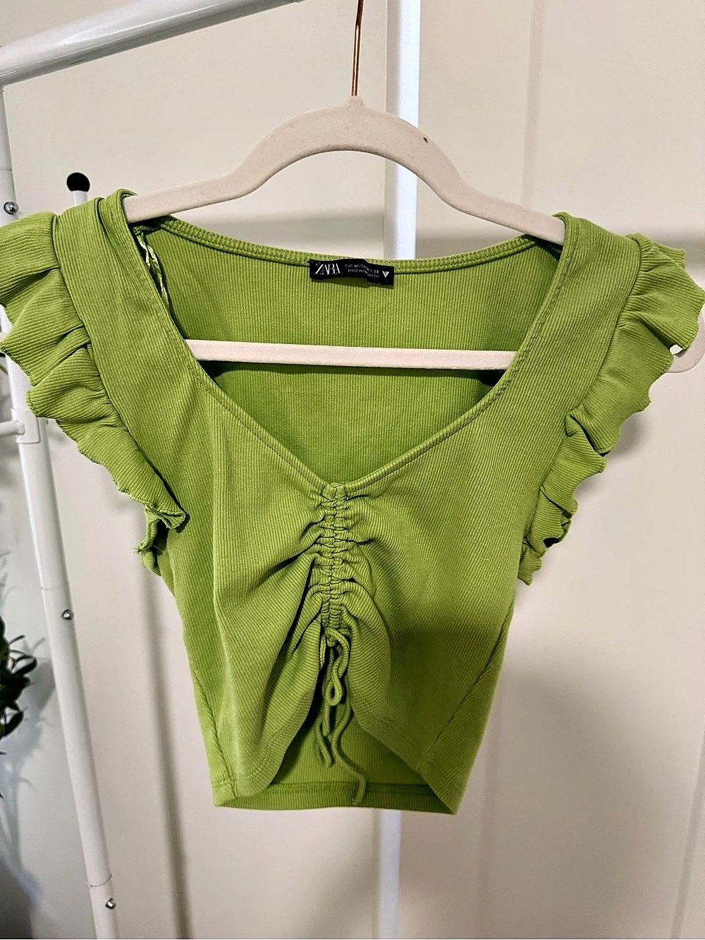 Zara Ribbed Ruffle Ruched Crop Top Green Size Medium
